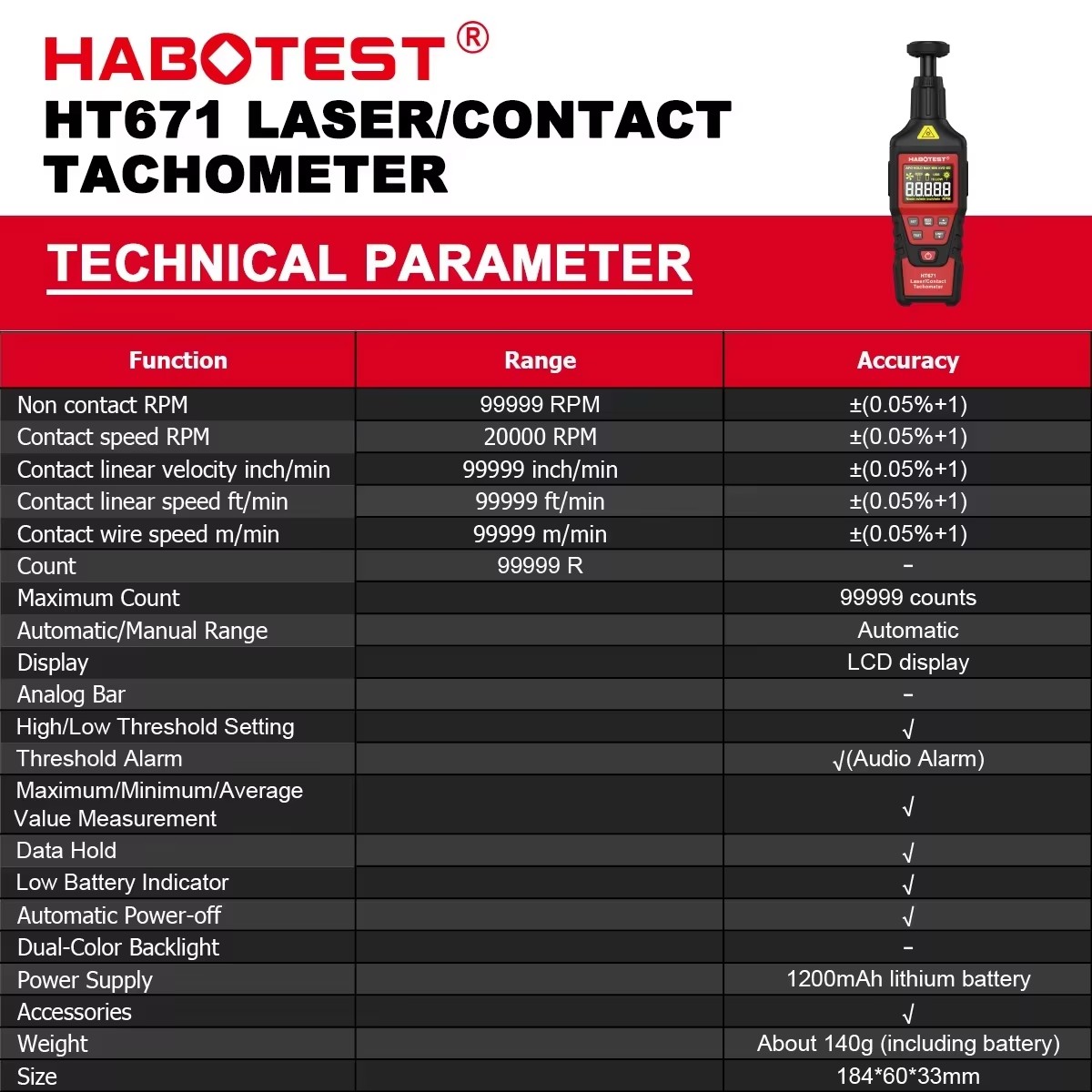 Industrial Laser Tachometer - Tacômetro Digital 2 em 1 HABOTEST
