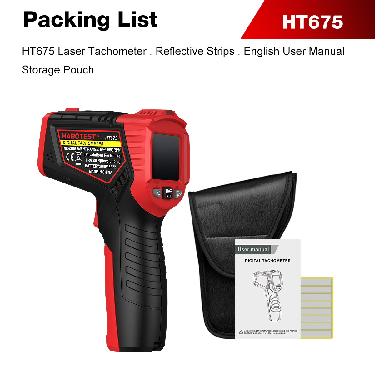 Industrial Laser Tachometer - Tacômetro a Laser Digital HABOTEST HT675